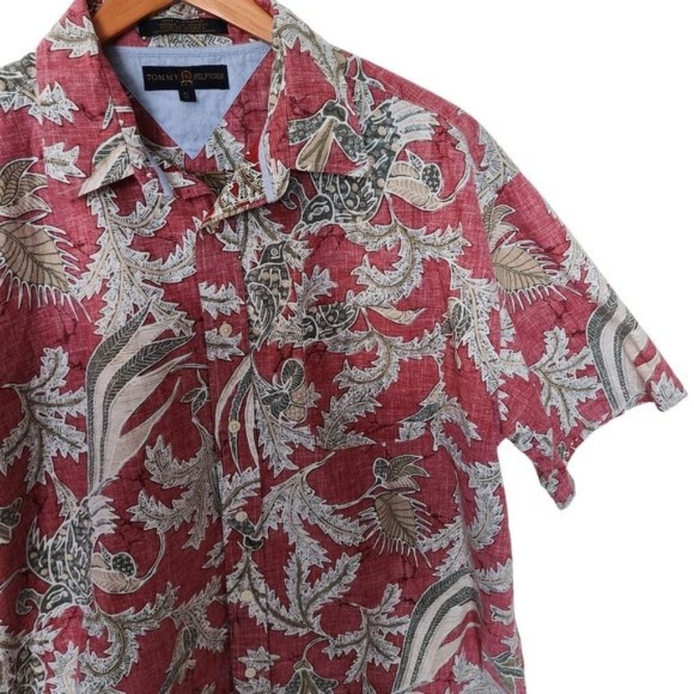 Tommy Hilfiger Golf Red Floral Hawaiian Style Button Up Men's XL Cotton - Picture 10 of 16